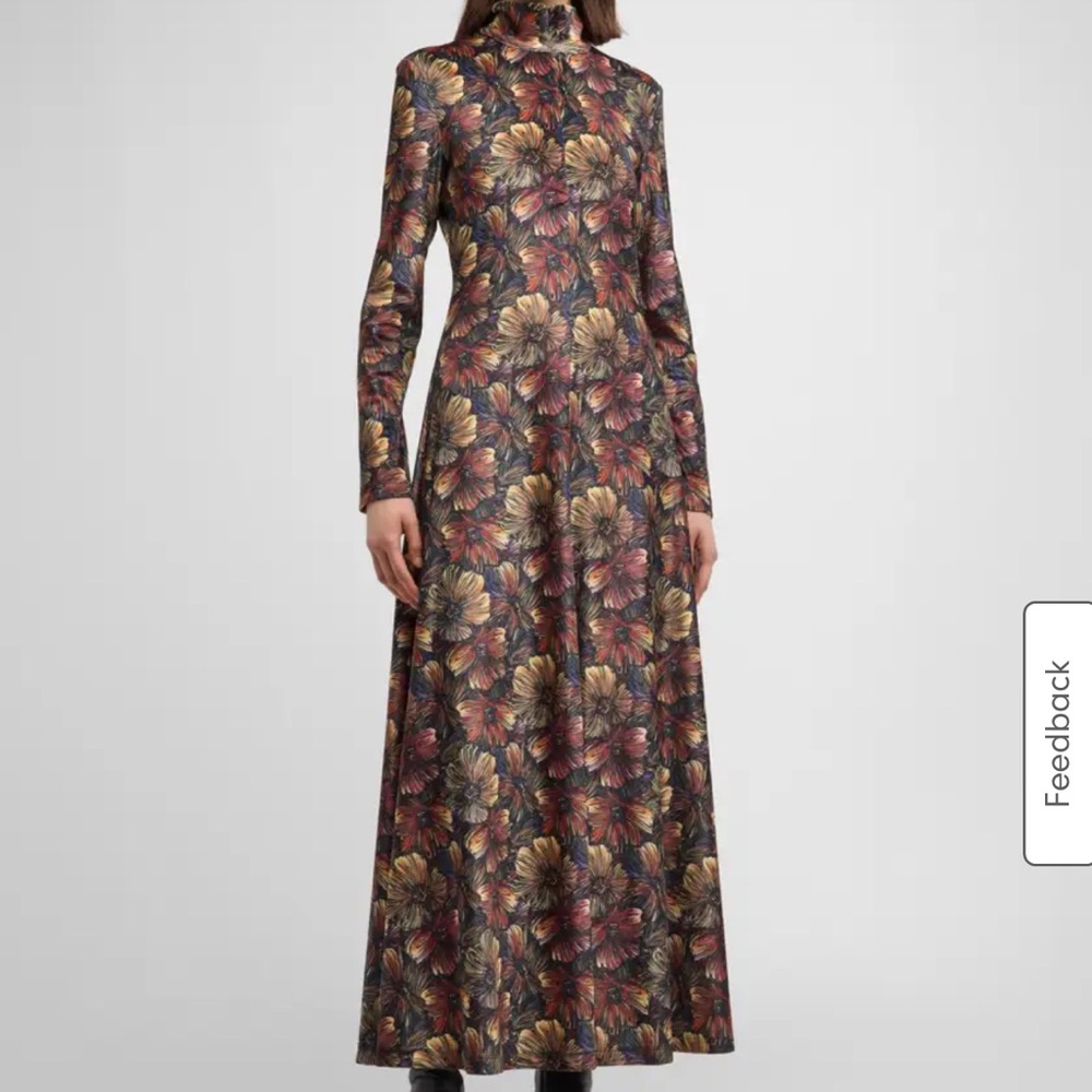 Floral-Print Velvet Jersey Zip-Up Turtleneck Maxi Dress